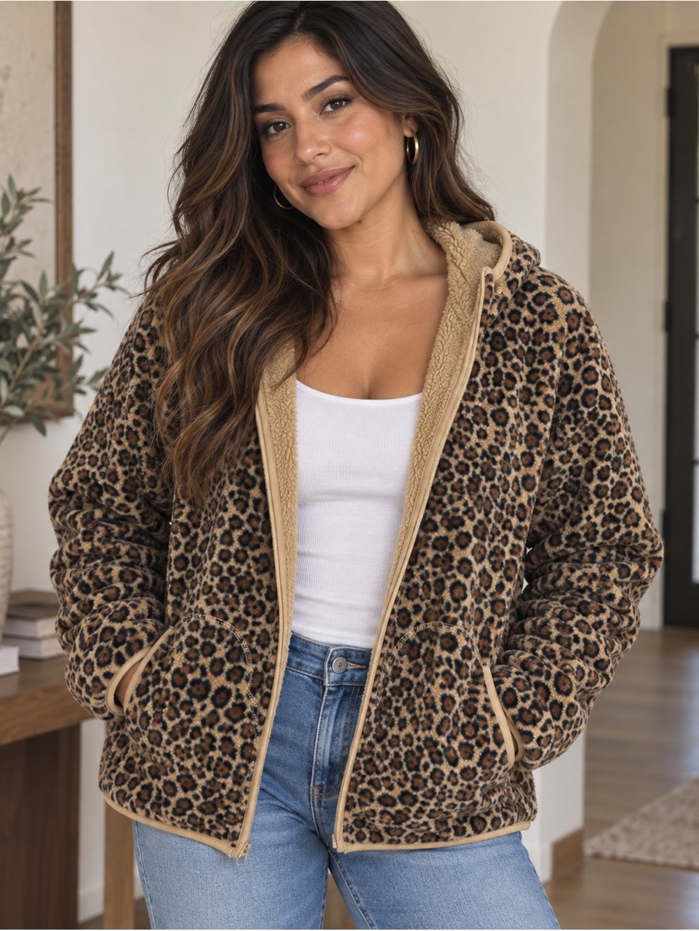 Covington Women’s Leopard Print Sherpa Fleece Hooded Jacket Size Small